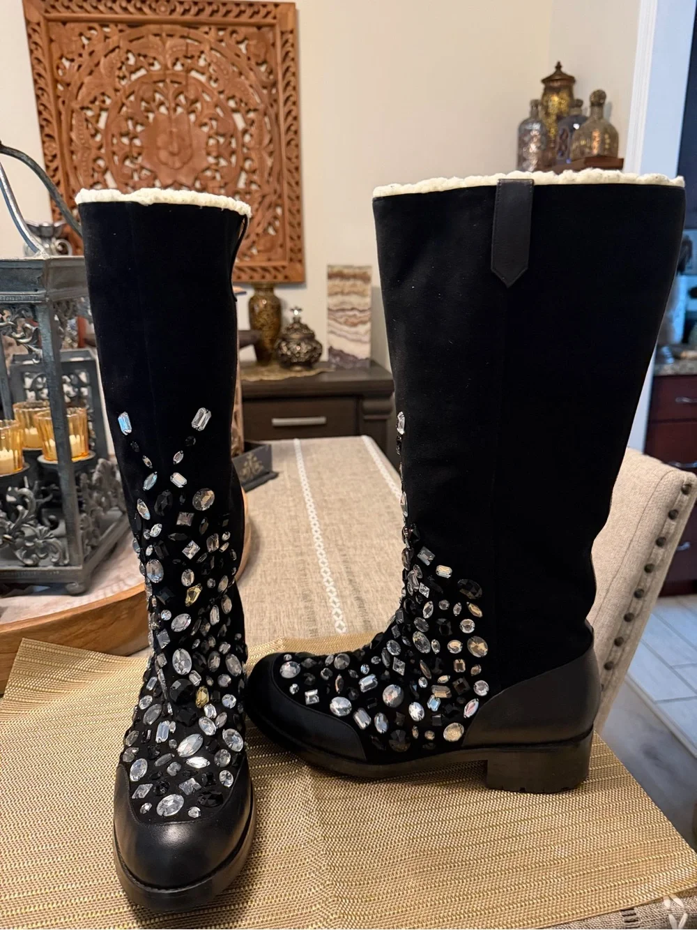 Betsey Johnson Black Knee-High Boots with Crystal Embellishments